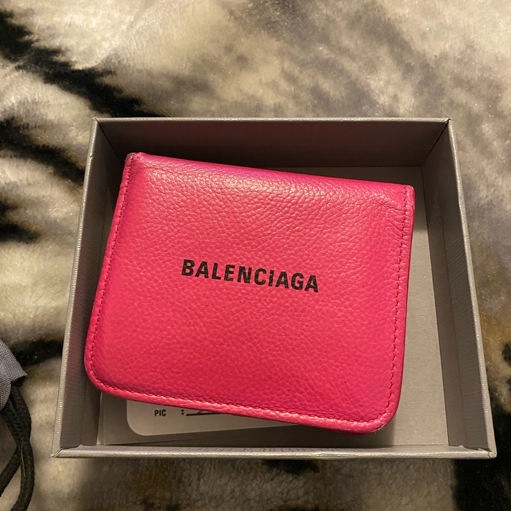 Balenciaga pink mini wallet with Gray Drawstring Pouch and box
